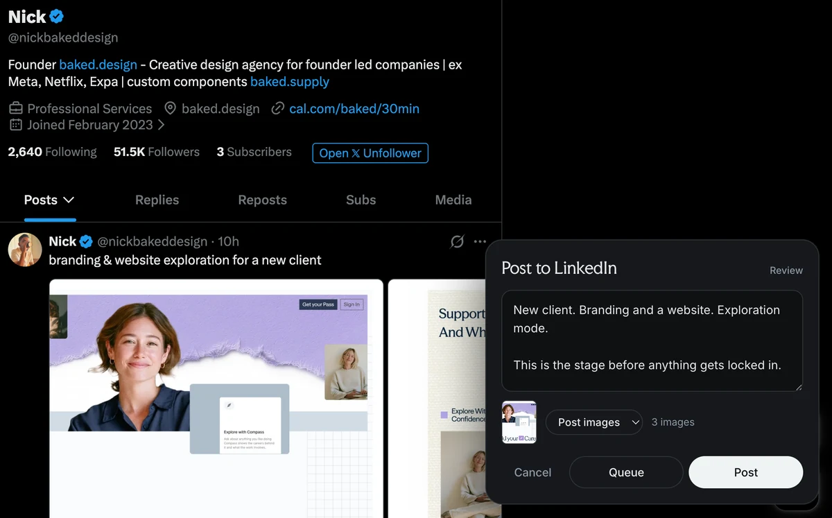 Posting on X, with the Post to LinkedIn pop-up ready to send the same post and images